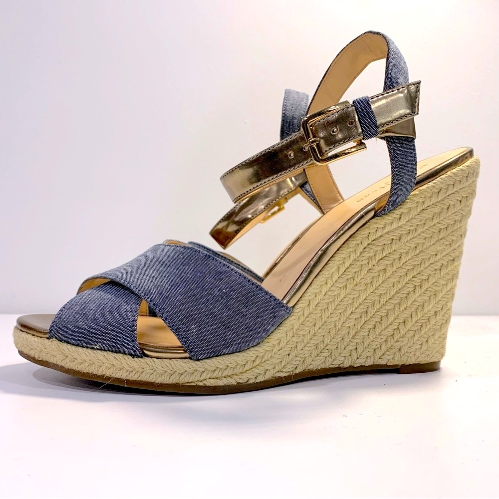 Cole Haan Women’s Platform Strappy Espadrilles Sandals Blue Denim Straw Size 9B